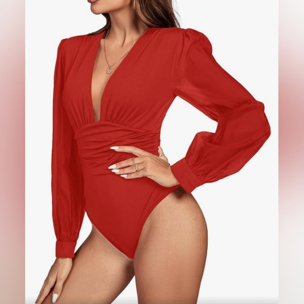 Women's deep v neck pleated ruched sheer puff long sleeve bodysuit